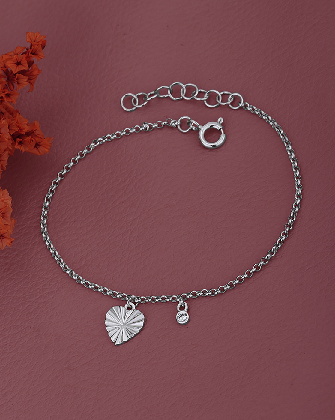 Rhodium Plated CZ Heart Charm Bracelet