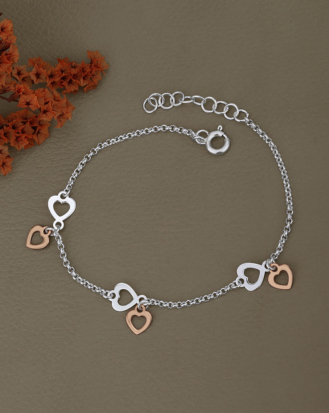 18kt Rose Gold and Rhodium Plated Heart Charm Bracelet