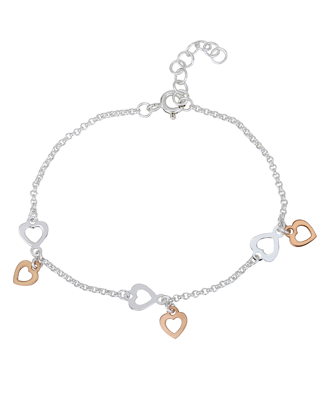 18kt Rose Gold and Rhodium Plated Heart Charm Bracelet