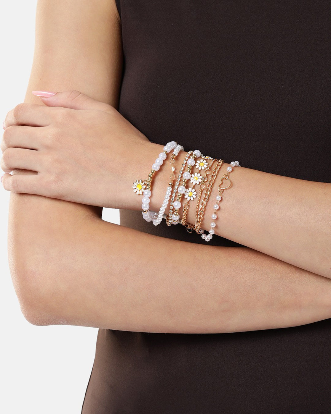 Set of 8 Rose Gold Plated CZ and Pearl Heart Floral Charm Bracelet