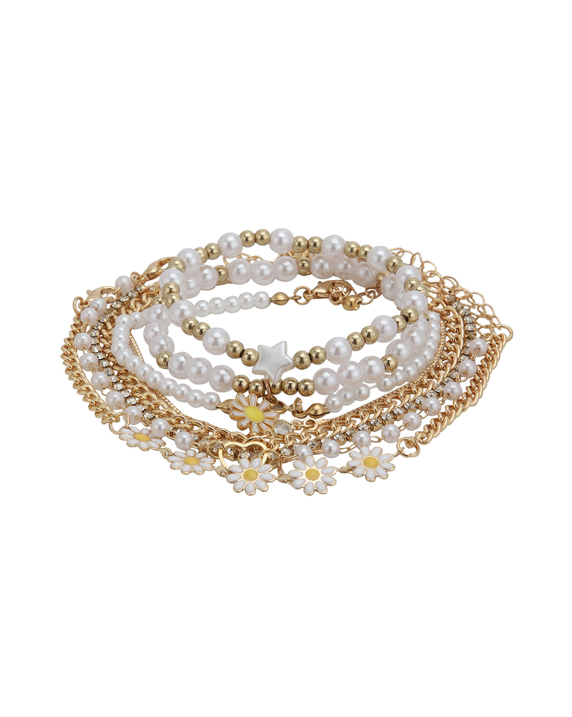 Set of 8 Rose Gold Plated CZ and Pearl Heart Floral Charm Bracelet