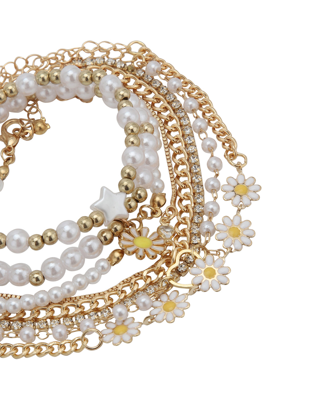 Set of 8 Rose Gold Plated CZ and Pearl Heart Floral Charm Bracelet