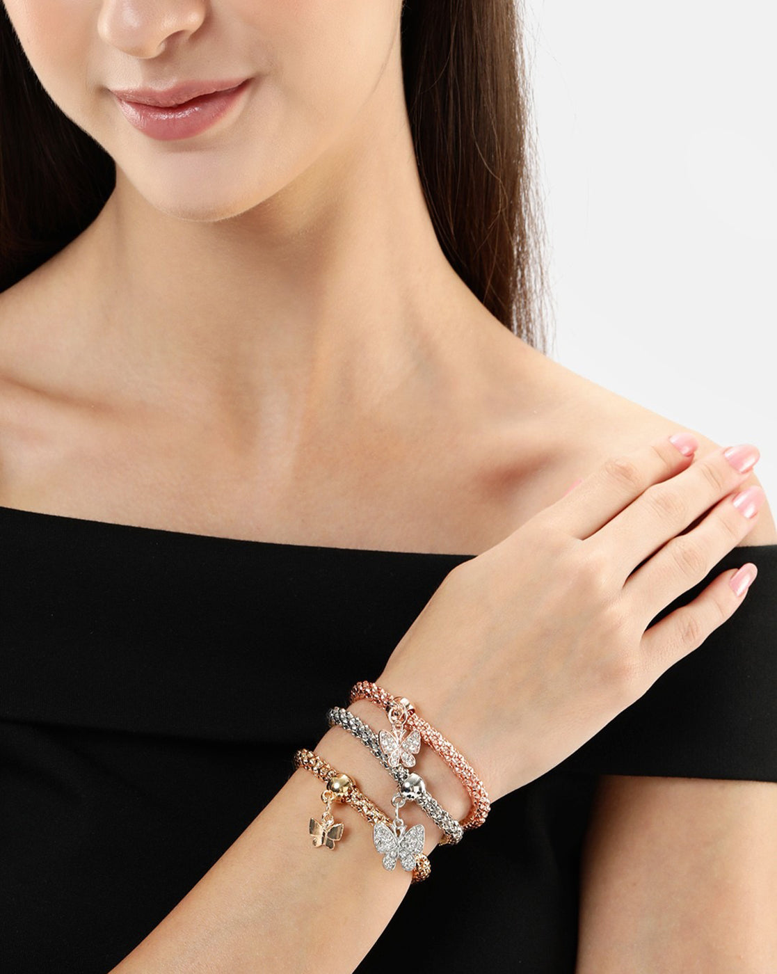 Set of 3 Three Toned CZ Butterfly Charm Bracelet