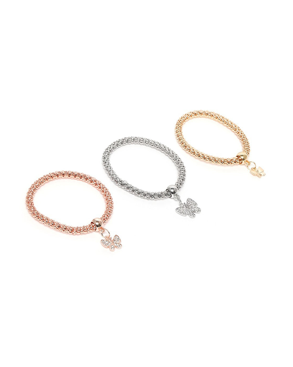 Set of 3 Three Toned CZ Butterfly Charm Bracelet