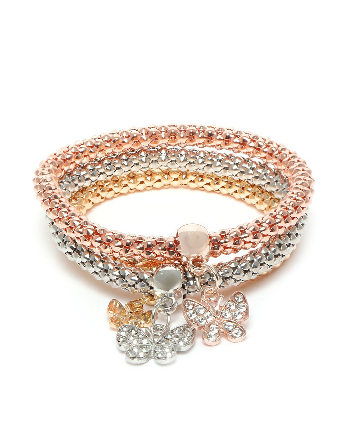 Set of 3 Three Toned CZ Butterfly Charm Bracelet