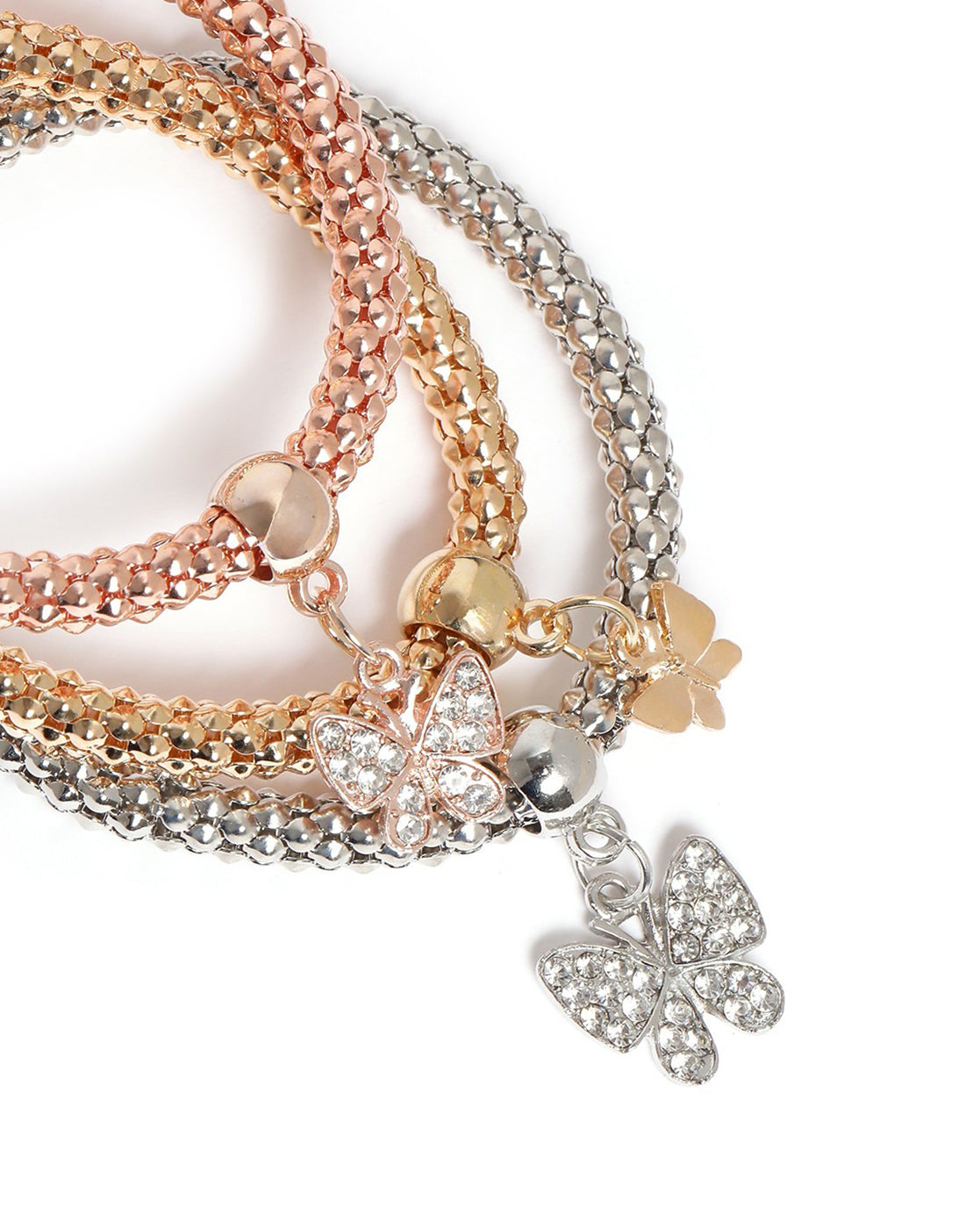 Set of 3 Three Toned CZ Butterfly Charm Bracelet