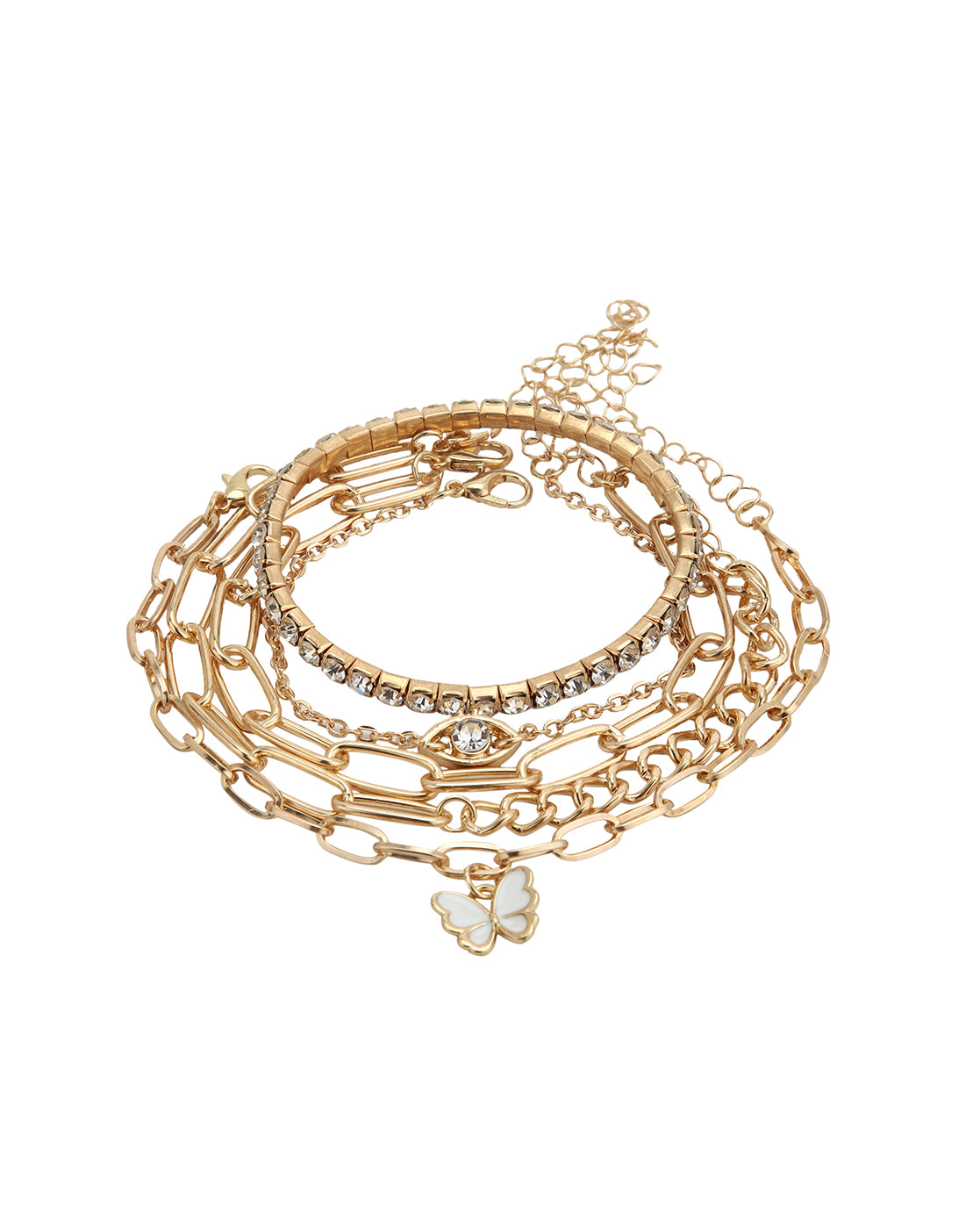 Set of 5 Rose Gold Plated CZ Butterfly and Evil Eye Enamel Charm Bracelet