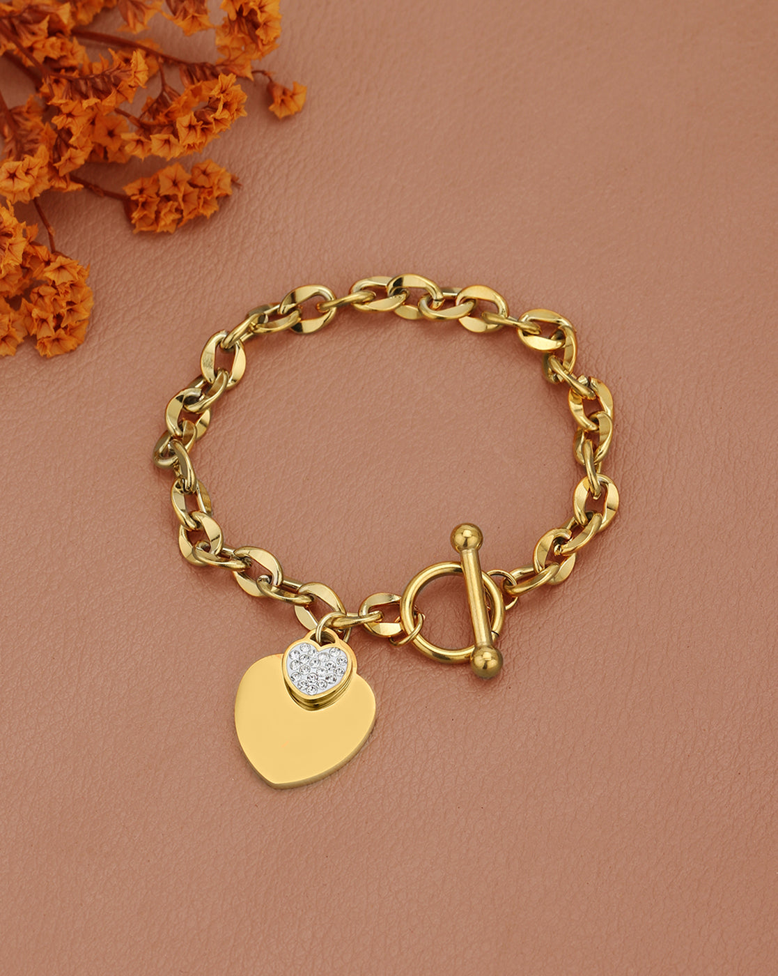 Gold Plated CZ Heart Charm Link Bracelet