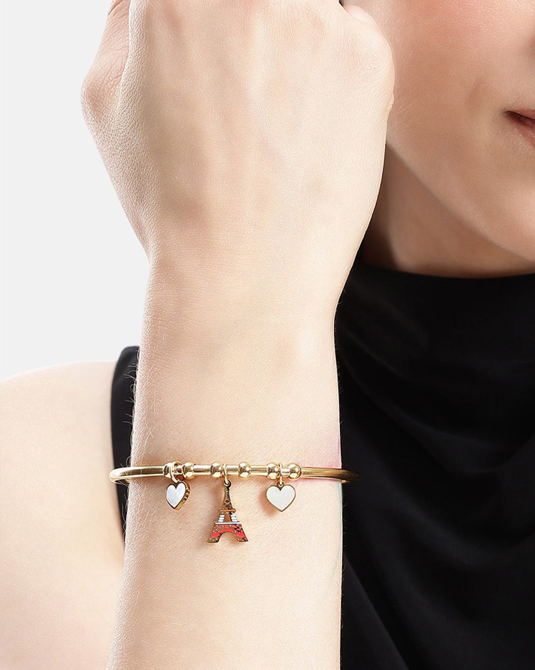 18kt Gold Plated Eiffel Tower and Heart Charm Cuff Bracelet