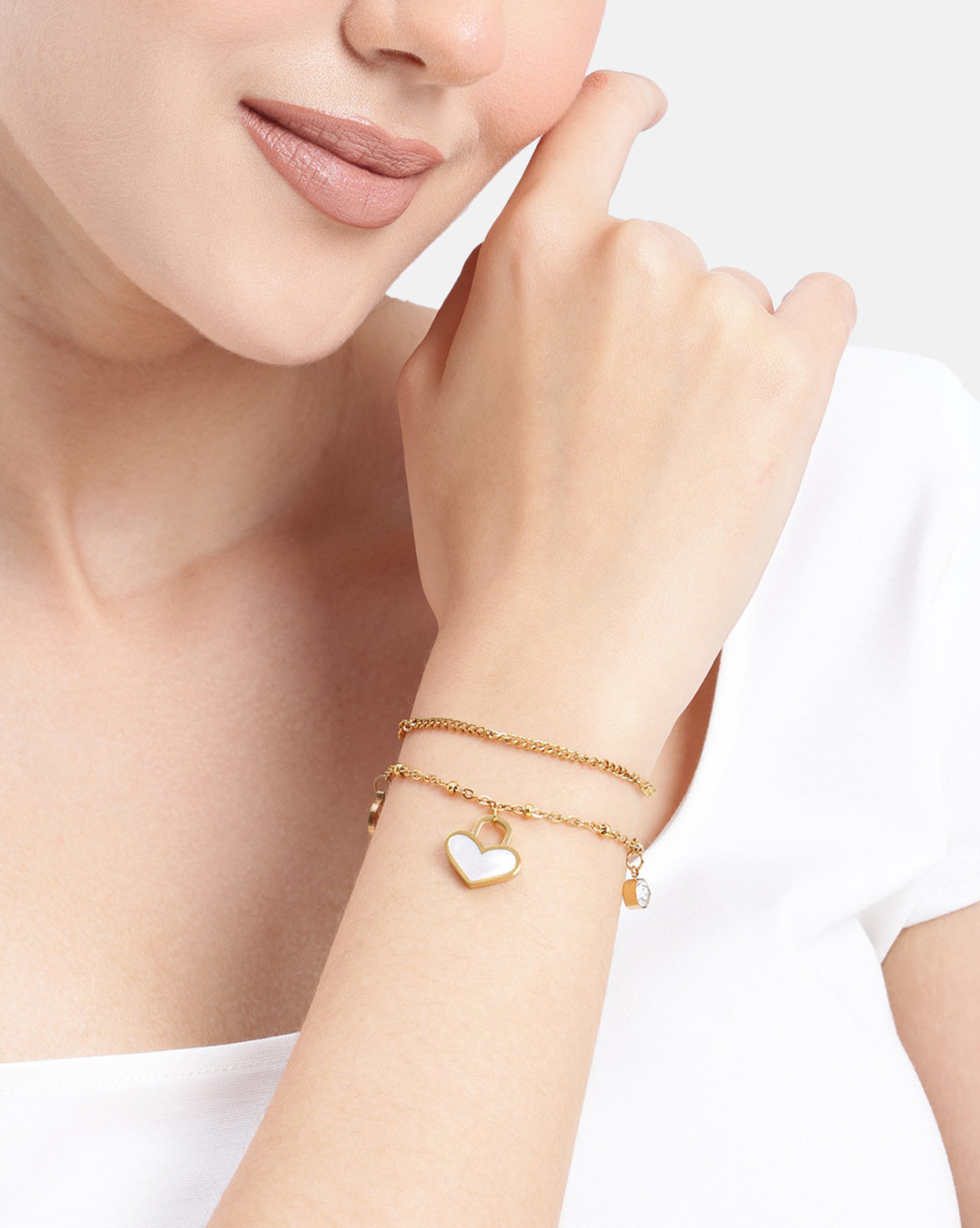 18kt Gold Plated CZ Dangling Shell Heart Double Chain Bracelet