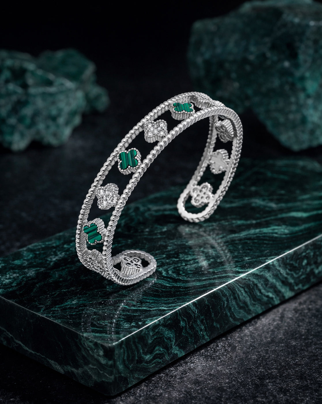 Premium Silver-Plated CZ Clover Cuff Bracelet