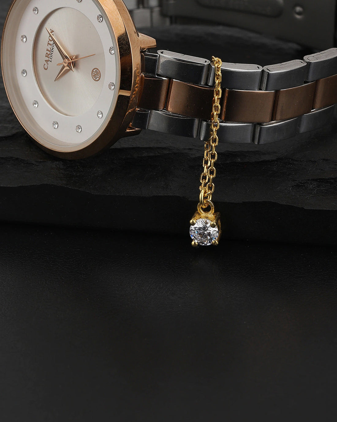 Carlton London Gold Plated Watch Charm With Dangling Round Solitaire Cz Studdedâ Stone For Women