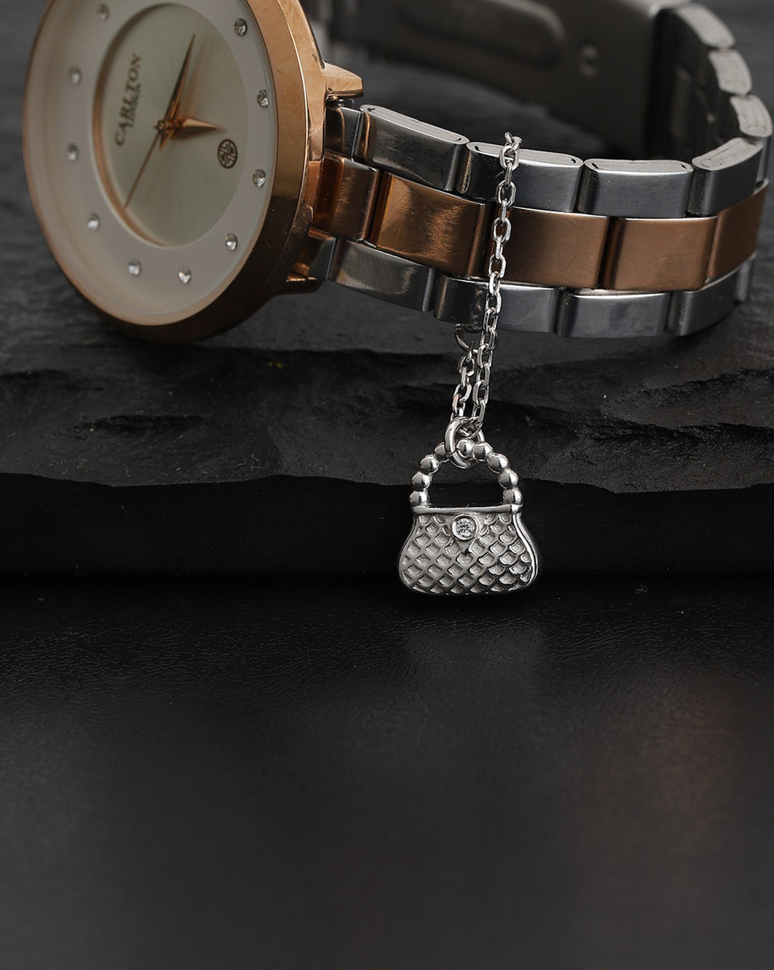 Carlton London Rhodium-Plated Silver -Toned Cz Studded Purse Shape Watch Charm For Women