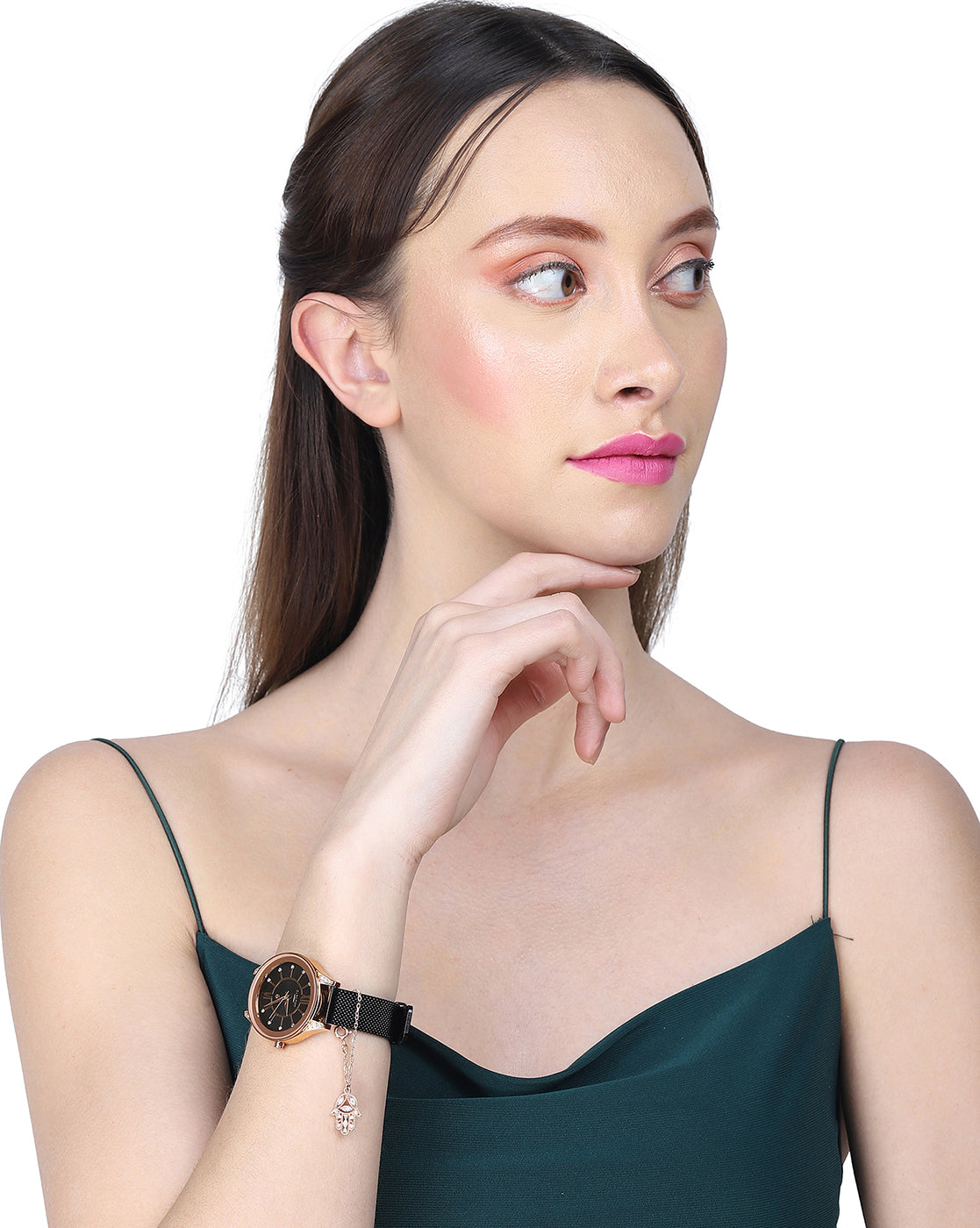 Carlton London Rose-Gold Plated Cz Studded Hamsa Shape Watch Charm For Women