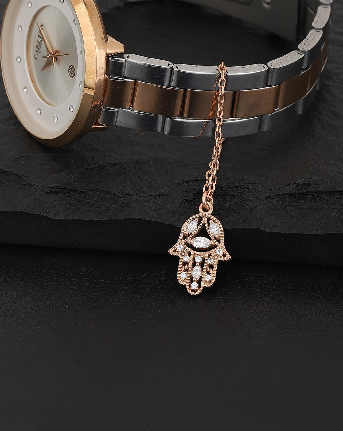 Carlton London Rose-Gold Plated Cz Studded Hamsa Shape Watch Charm For Women