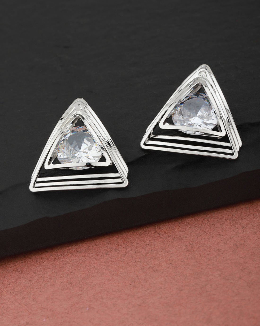 Carlton London Rhodium Plated Cz Triangular Stud Earring For Women