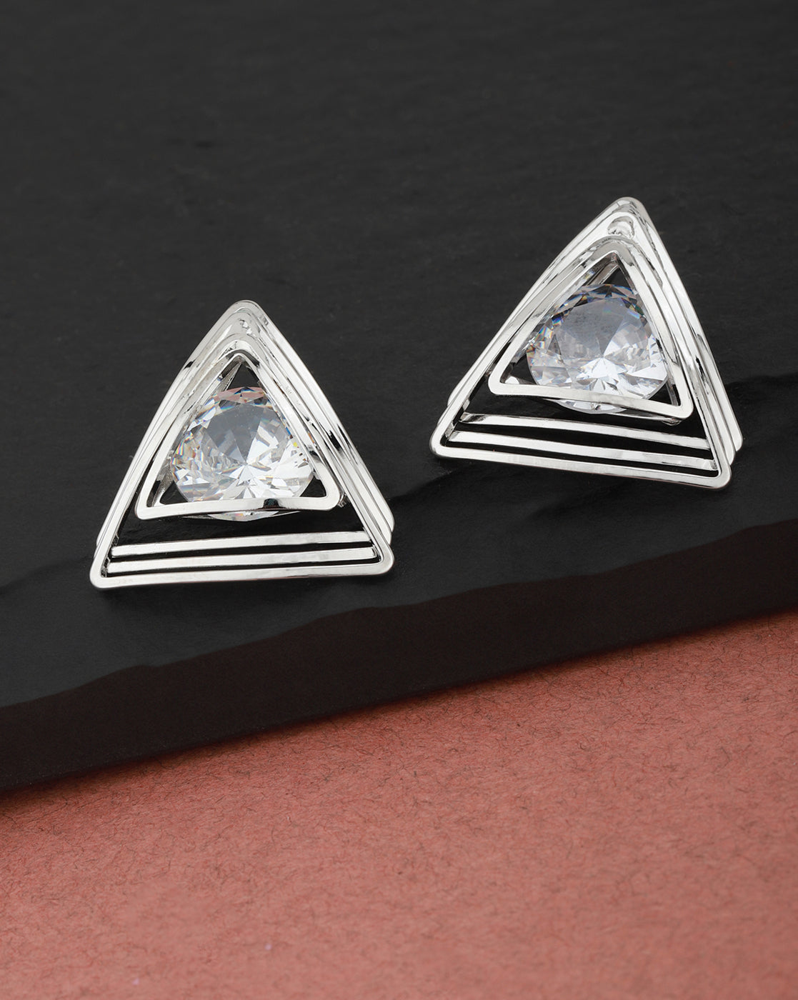 Carlton London Rhodium Plated Cz Triangular Stud Earring For Women