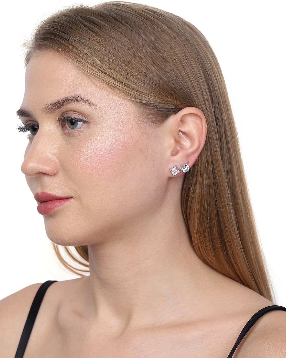 Carlton London Set Of 2 Rhodium Plated Cz Geometric Stud Earring For Women