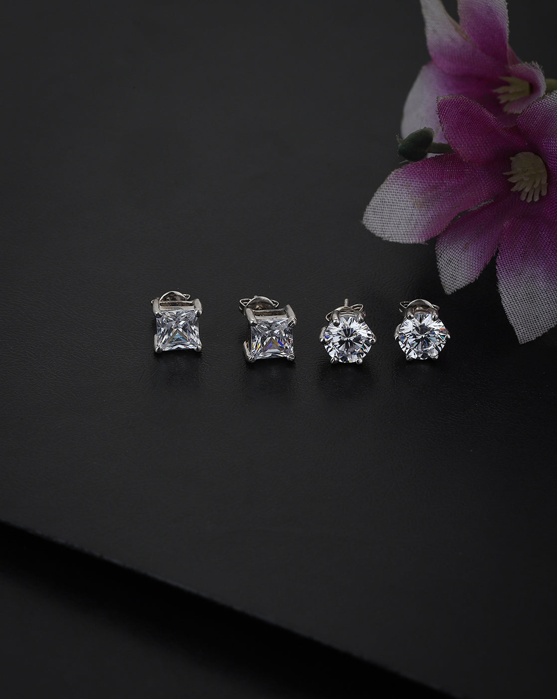 Carlton London Set Of 2 Rhodium Plated Cz Geometric Stud Earring For Women