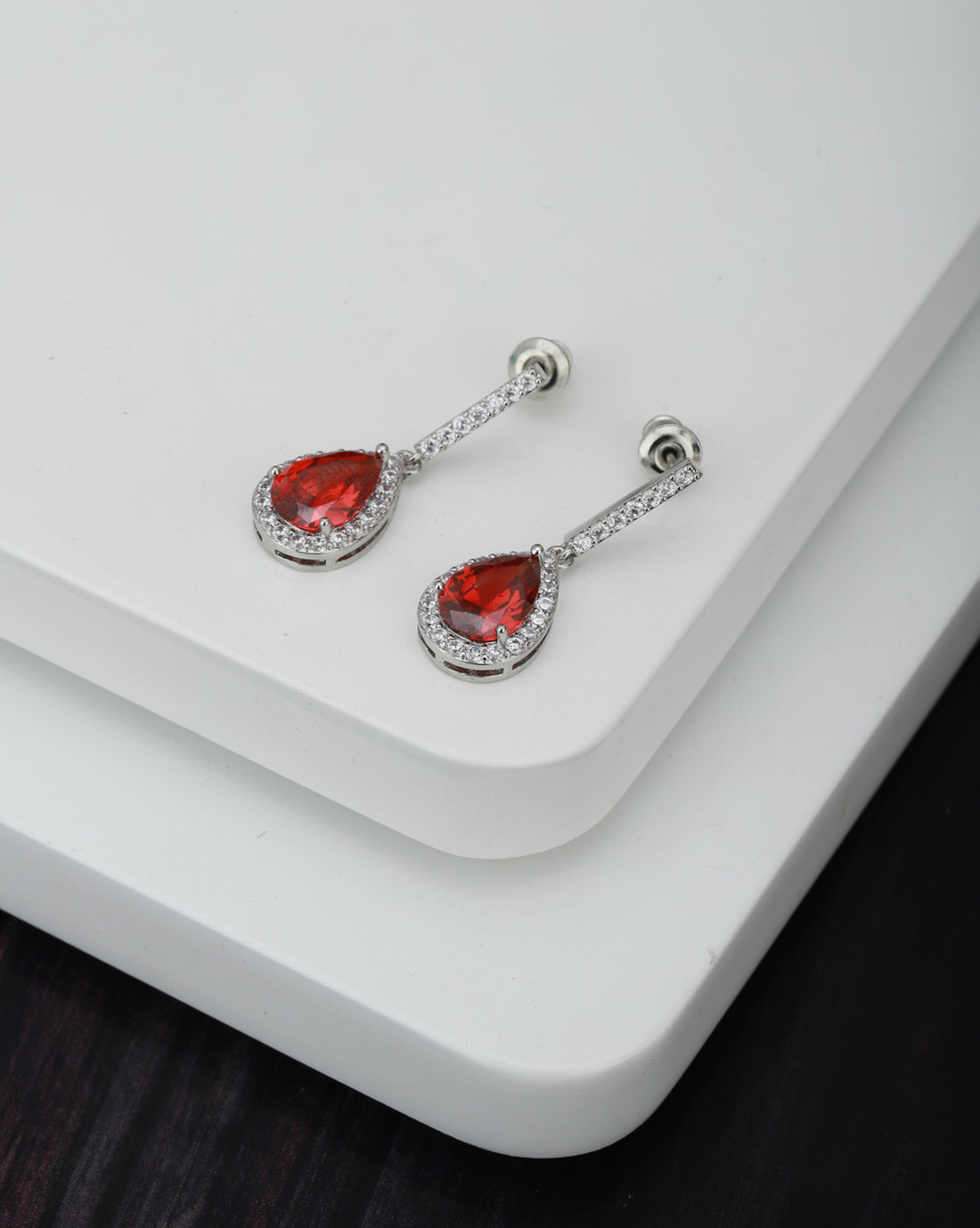 Carlton London Rhodium Plated Teardrop Red Cz Drop Earring For Women