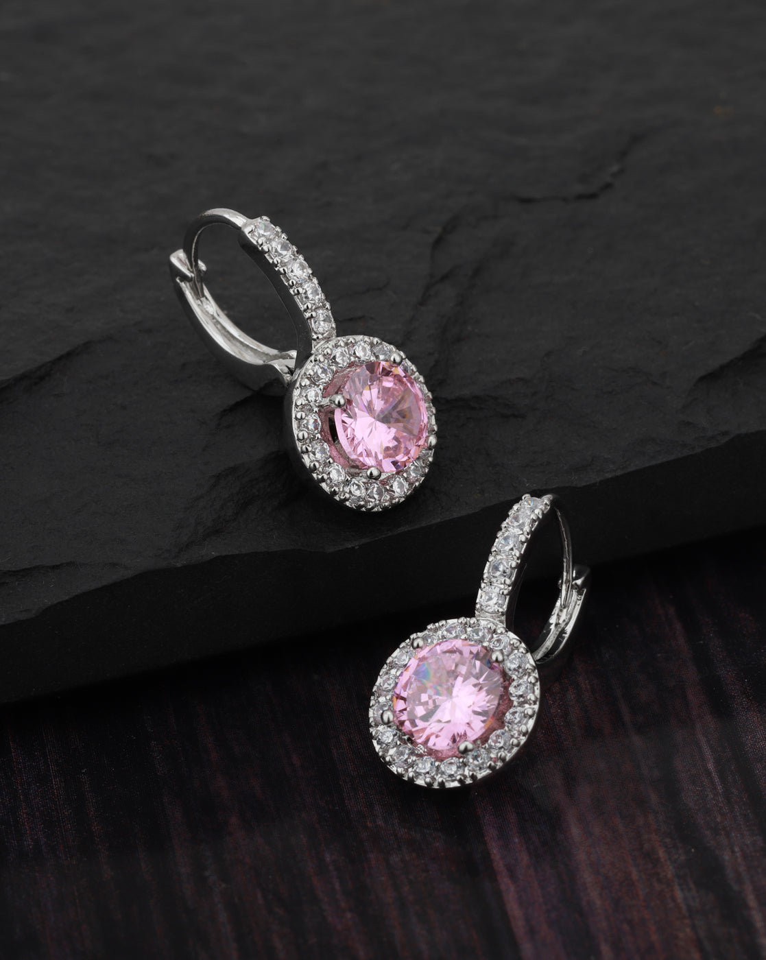 Carlton London Rhodium Plated Pink Cz Circular Hoop Earring For Women