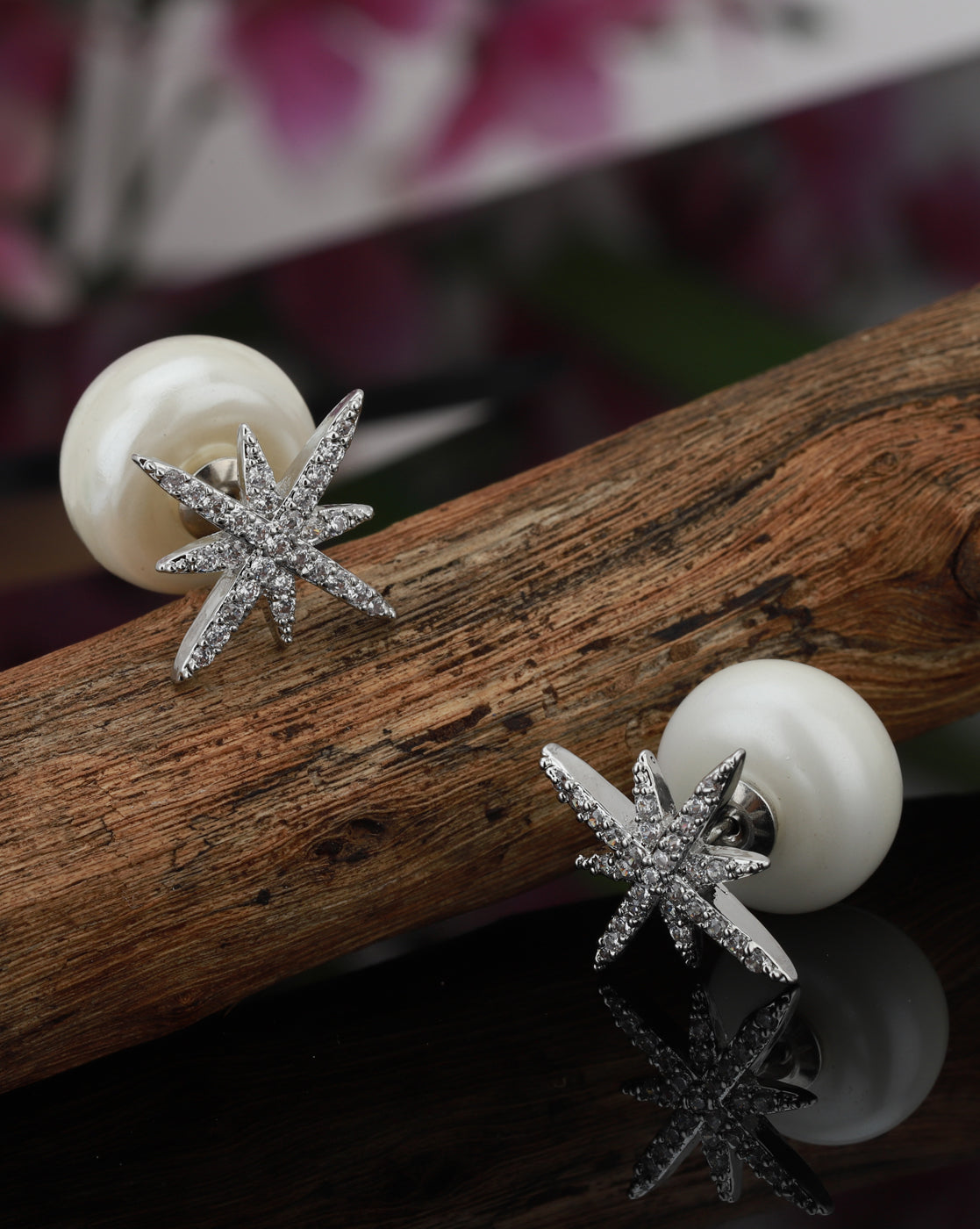 Carlton London Rhodium Plated White Pearl Cz Spiked Stud Earring For Women