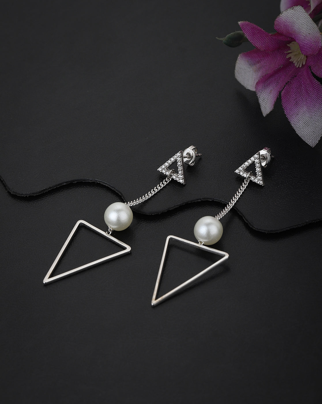 Carlton London Rhodium Plated White Pearl Triangular Drop Earring For Women