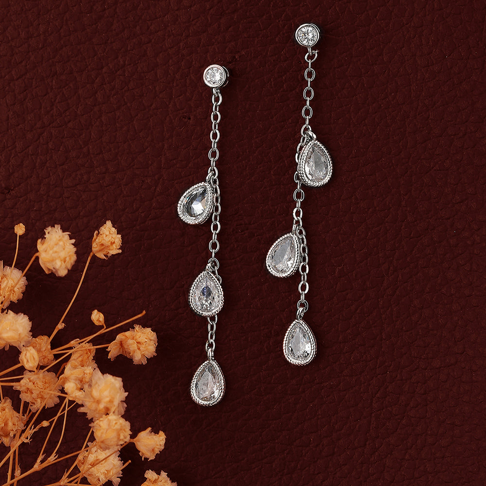 Carlton London Silver-Toned Rhodium-Plated Cz Stone-Studded Contemporary Drop Earrings Fje1861