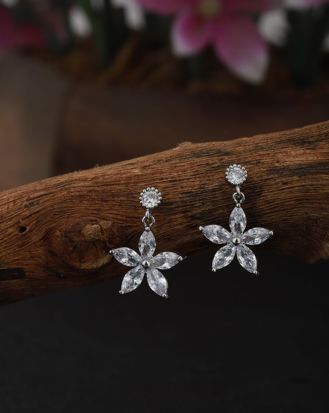 Carlton London Rhodium Plated Cz Floral Drop Earring For Women