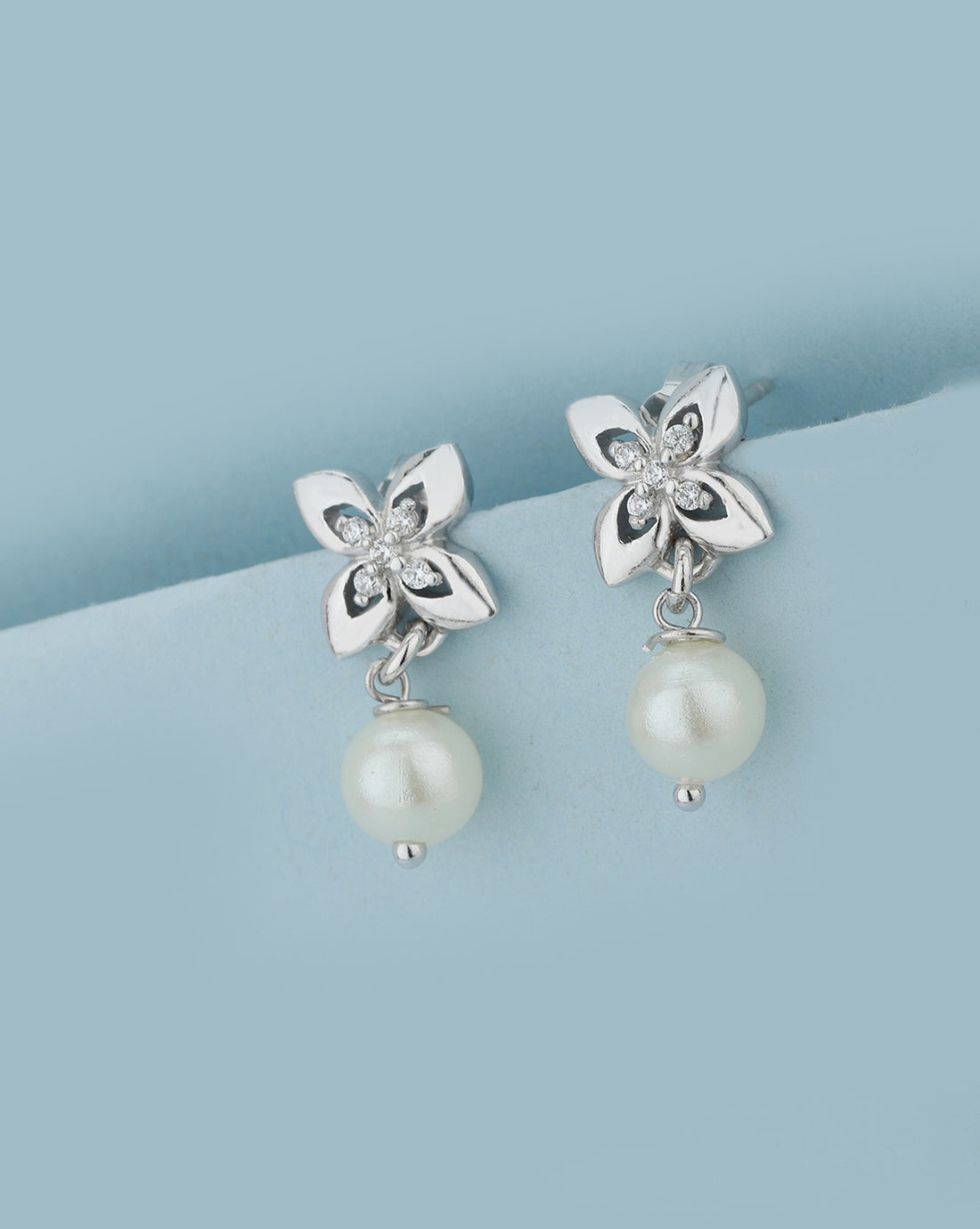 Carlton London Rhodium Plated Cz Floral Drop Earring With Dangling Pearl For Women