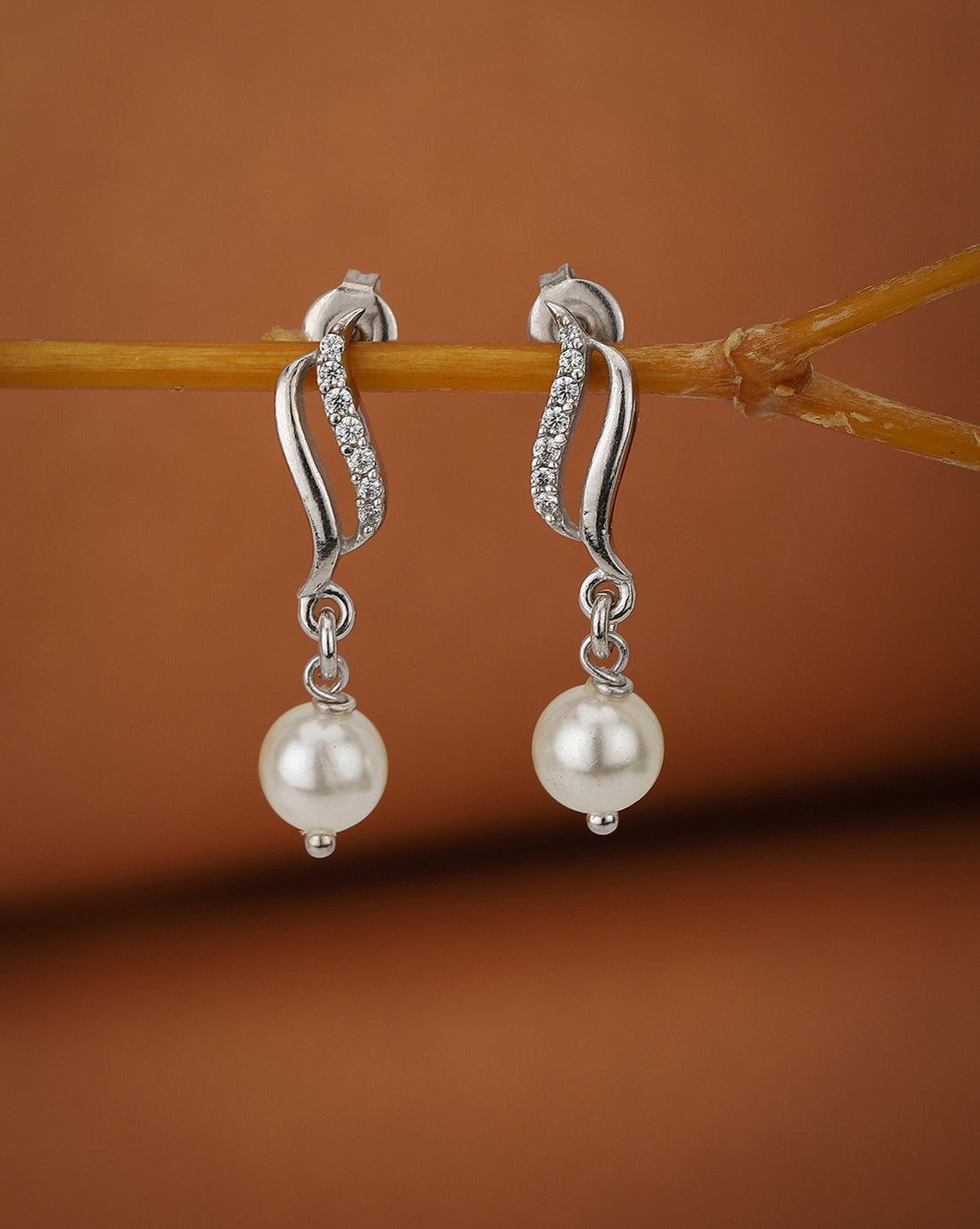 Carlton London Rhodium Plated Cz Drop Earring With Dangling Pearl For Women
