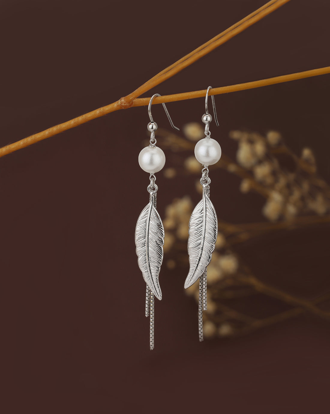 Carlton London Rhodium Plated White Pearl With Leaf Drop Earring For Women