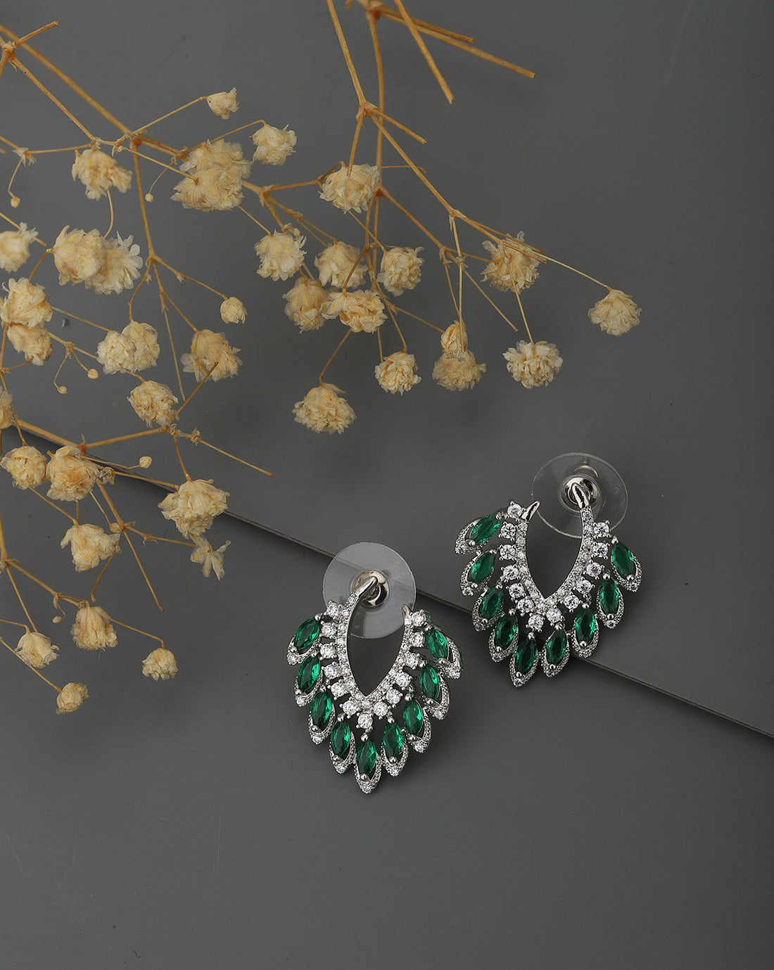 Carlton London Rhodium Plated Green Cz Stud Earring For Women