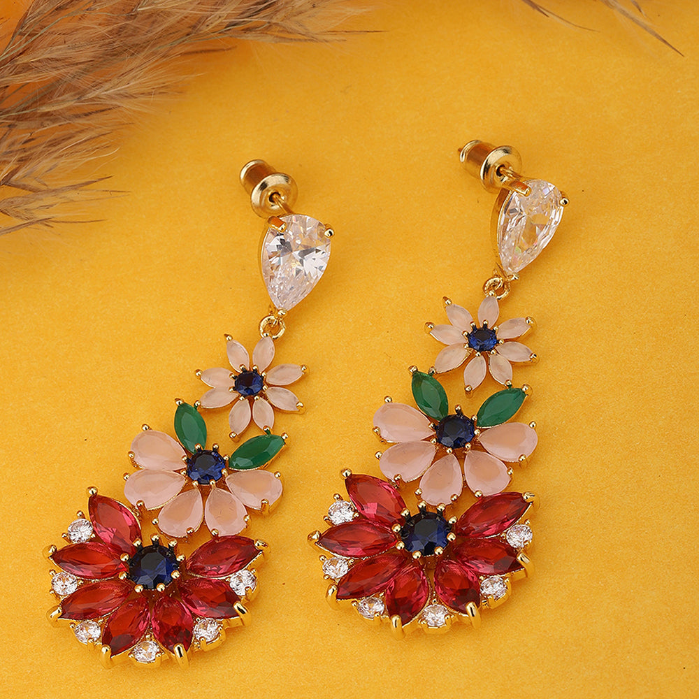 Carlton London Red & Pink Floral Drop Earrings Fje3339