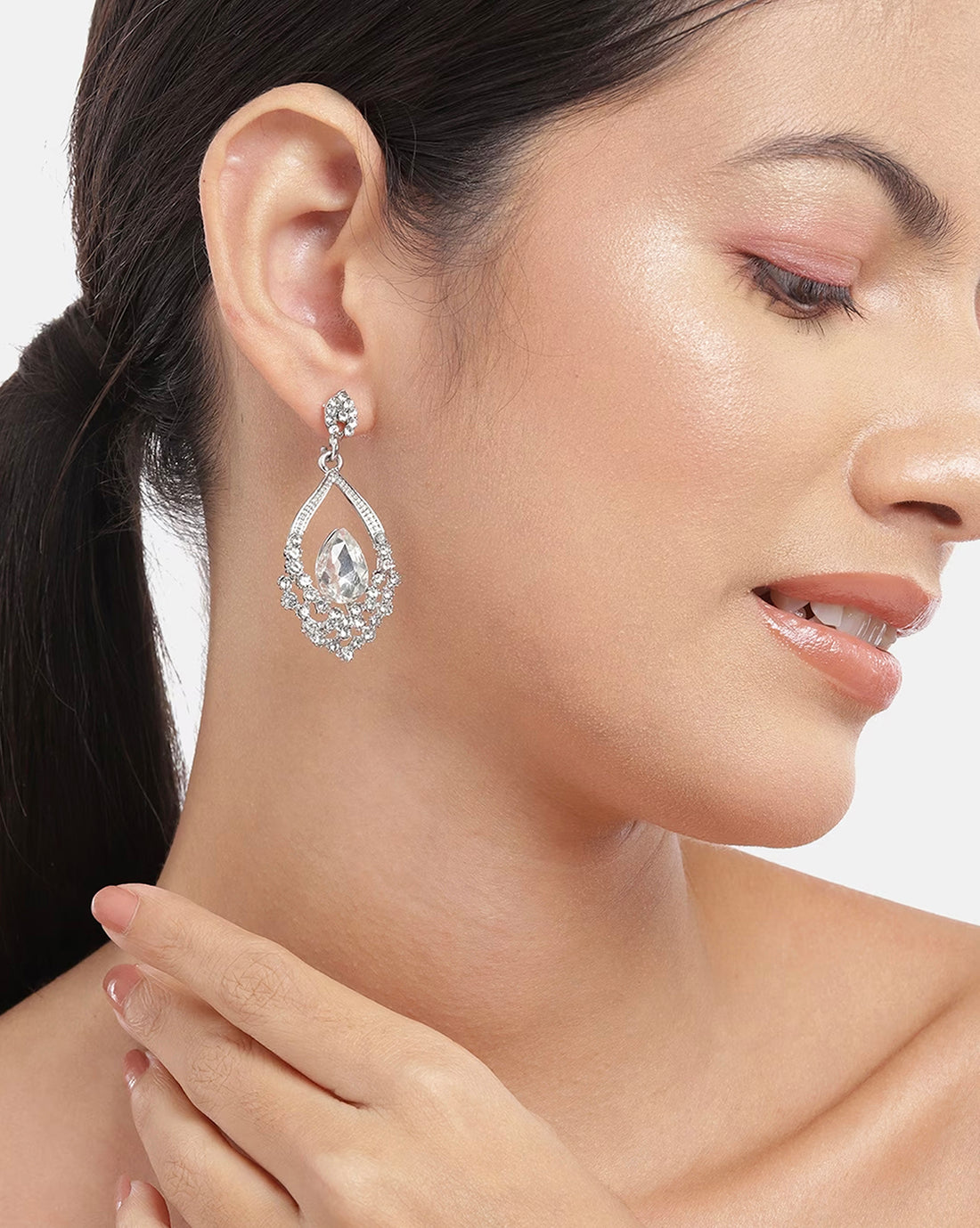 Rhodium Plated With Crystal Fancy Drop Earring For Women
