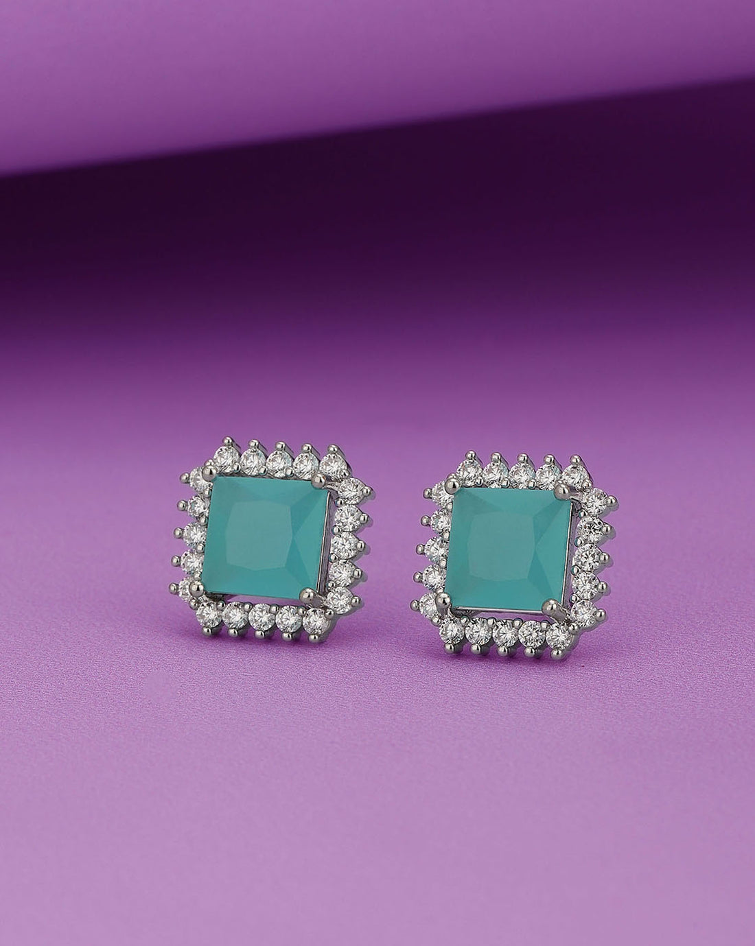 Rhodium Plated With Turquoise Stone Stud Earring For Women