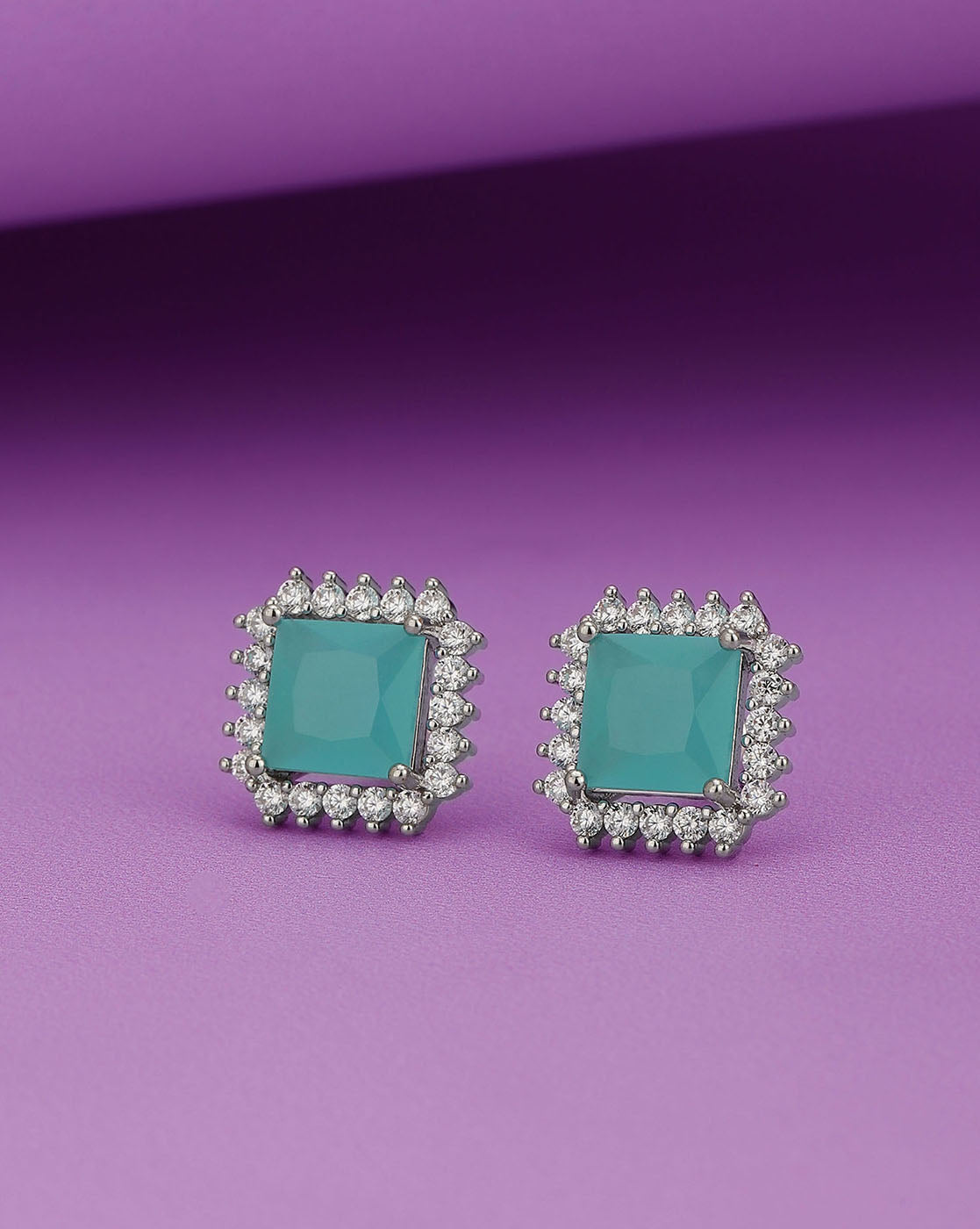 Rhodium Plated With Turquoise Stone Stud Earring For Women