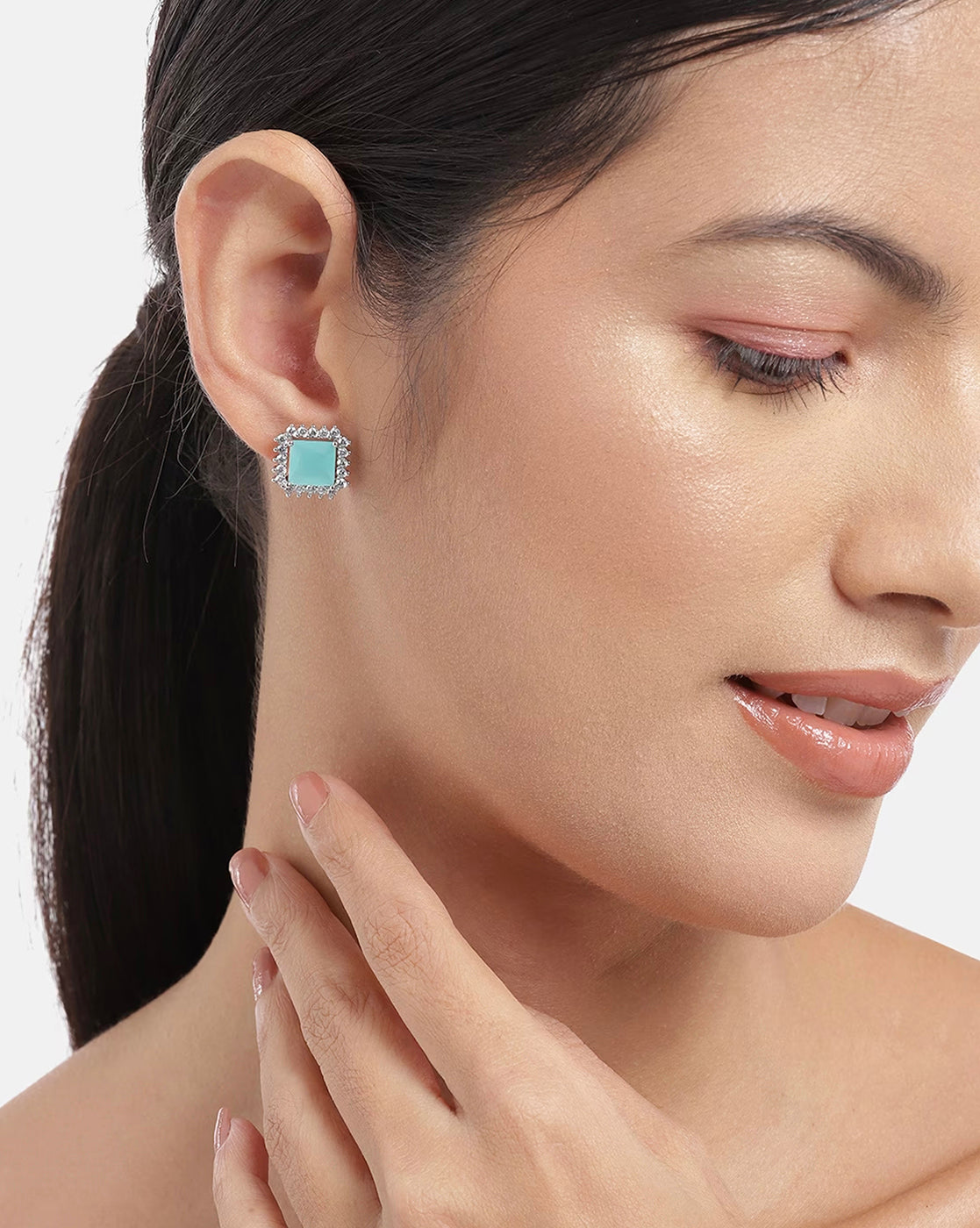 Rhodium Plated With Turquoise Stone Stud Earring For Women