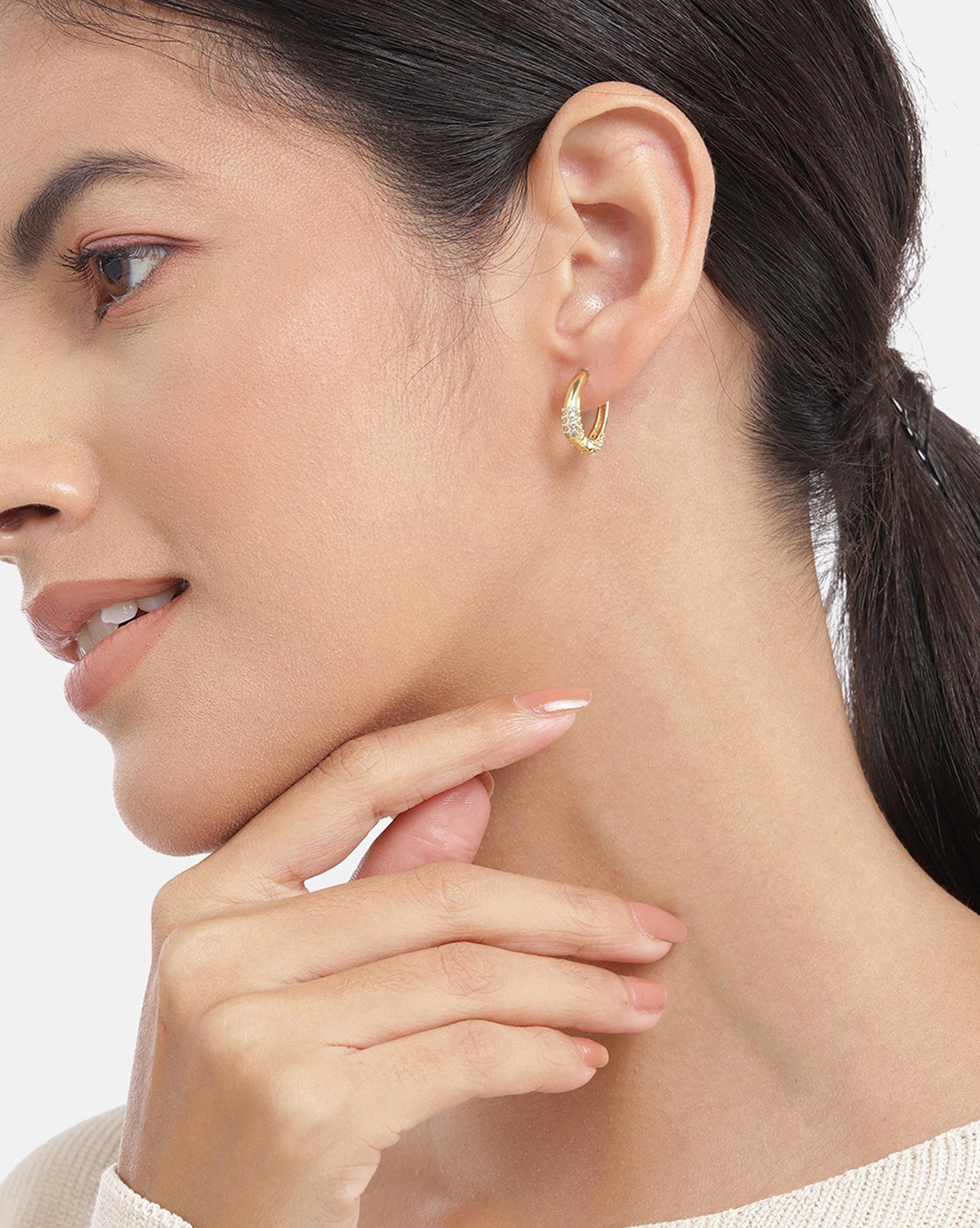 Gold Plated With Cz Petite Hoop Earring For Women