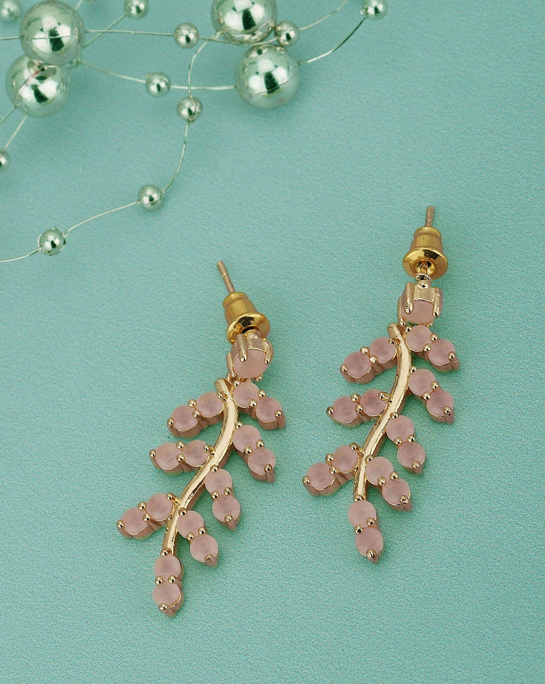 Gold Plated With Pink Beaded Leaf Drop Earring For Women