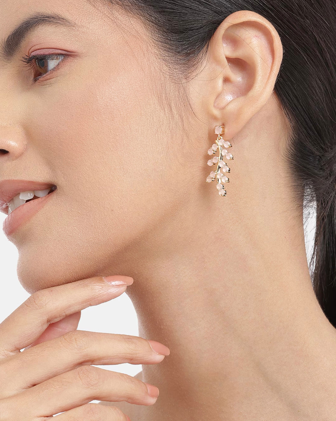 Gold Plated With Pink Beaded Leaf Drop Earring For Women