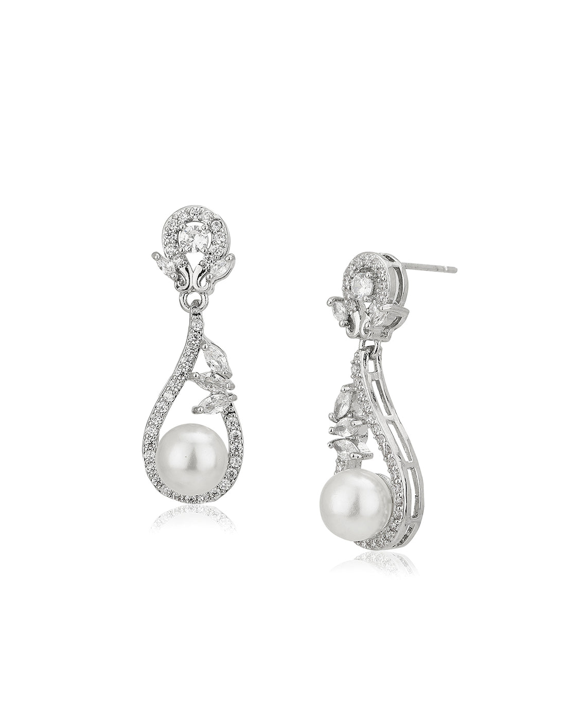 Premium White Pearl With Rhodium Plated And Cz Drop Earring