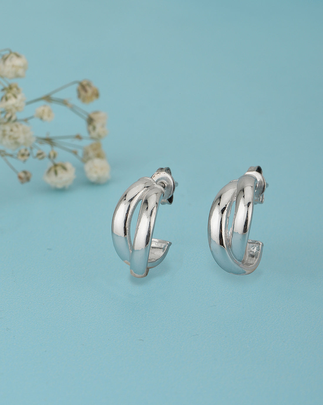 Rhodium Plated Contemporary Half Hoop Earrings