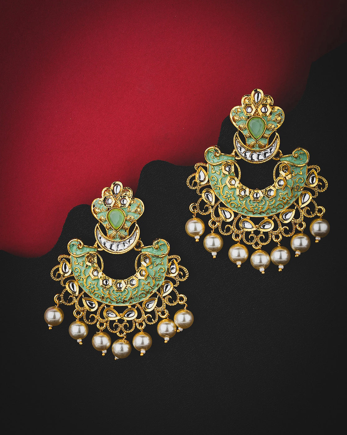 Gold Plated Pearl Enamel Chandelier Jhumka Earring For Women