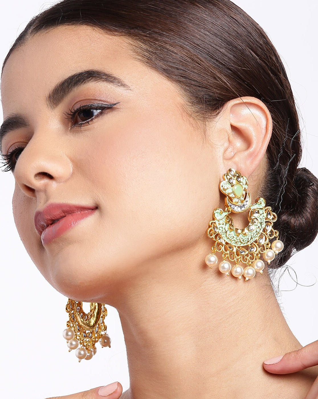 Gold Plated Pearl Enamel Chandelier Jhumka Earring For Women