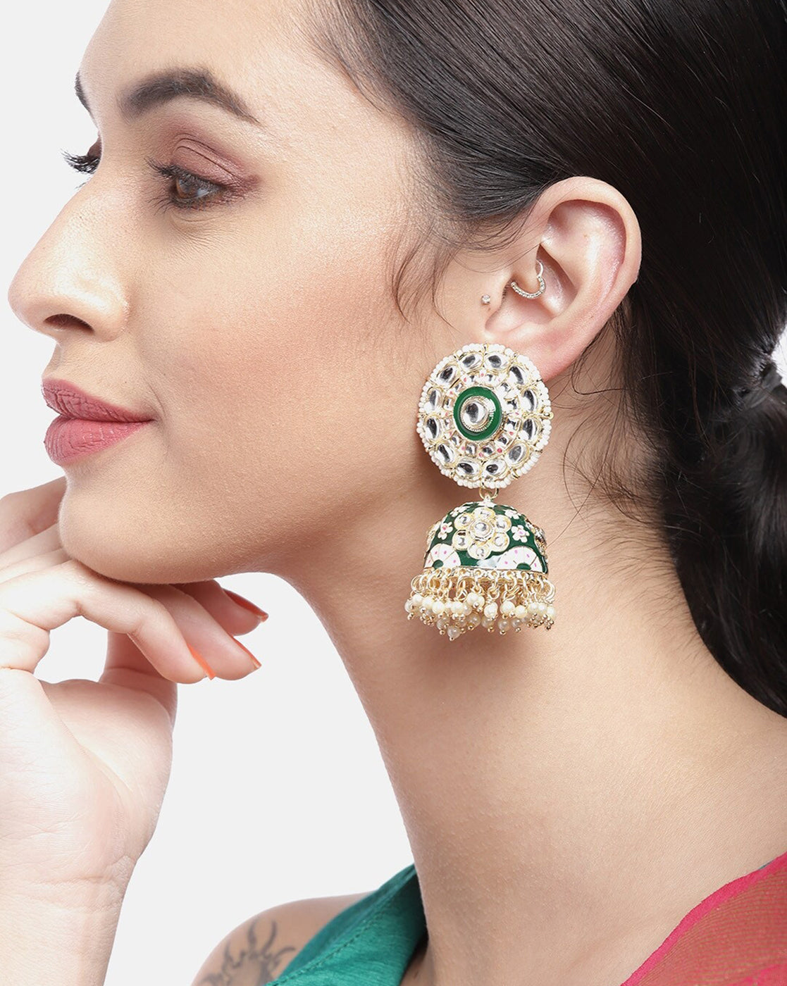 Gold Plated Pearl Enamel Jhumka Earring For Women