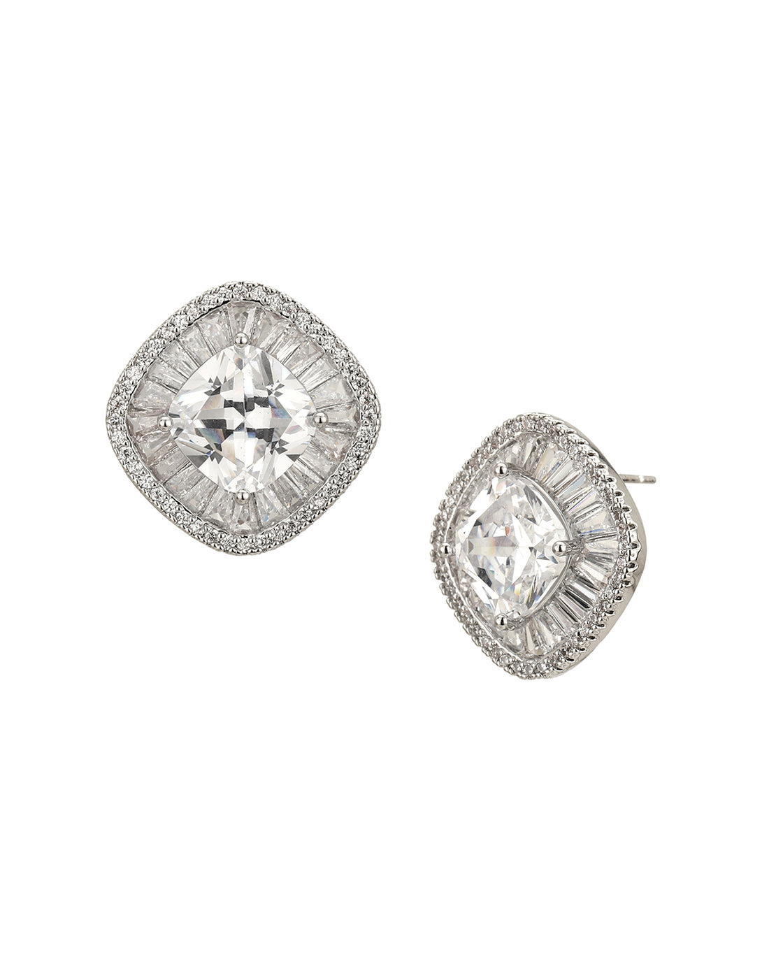 Rhodium Plated Cz Square Stud Earring For Women