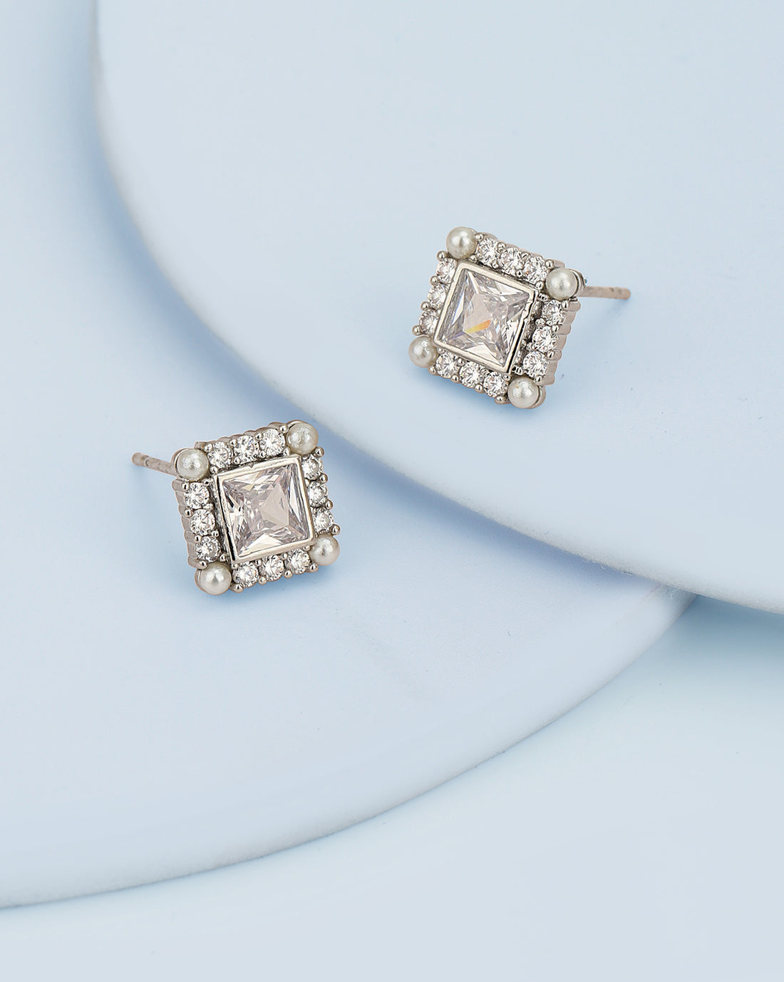 Silver Plated CZ & Pearl Square Stud Earring for women