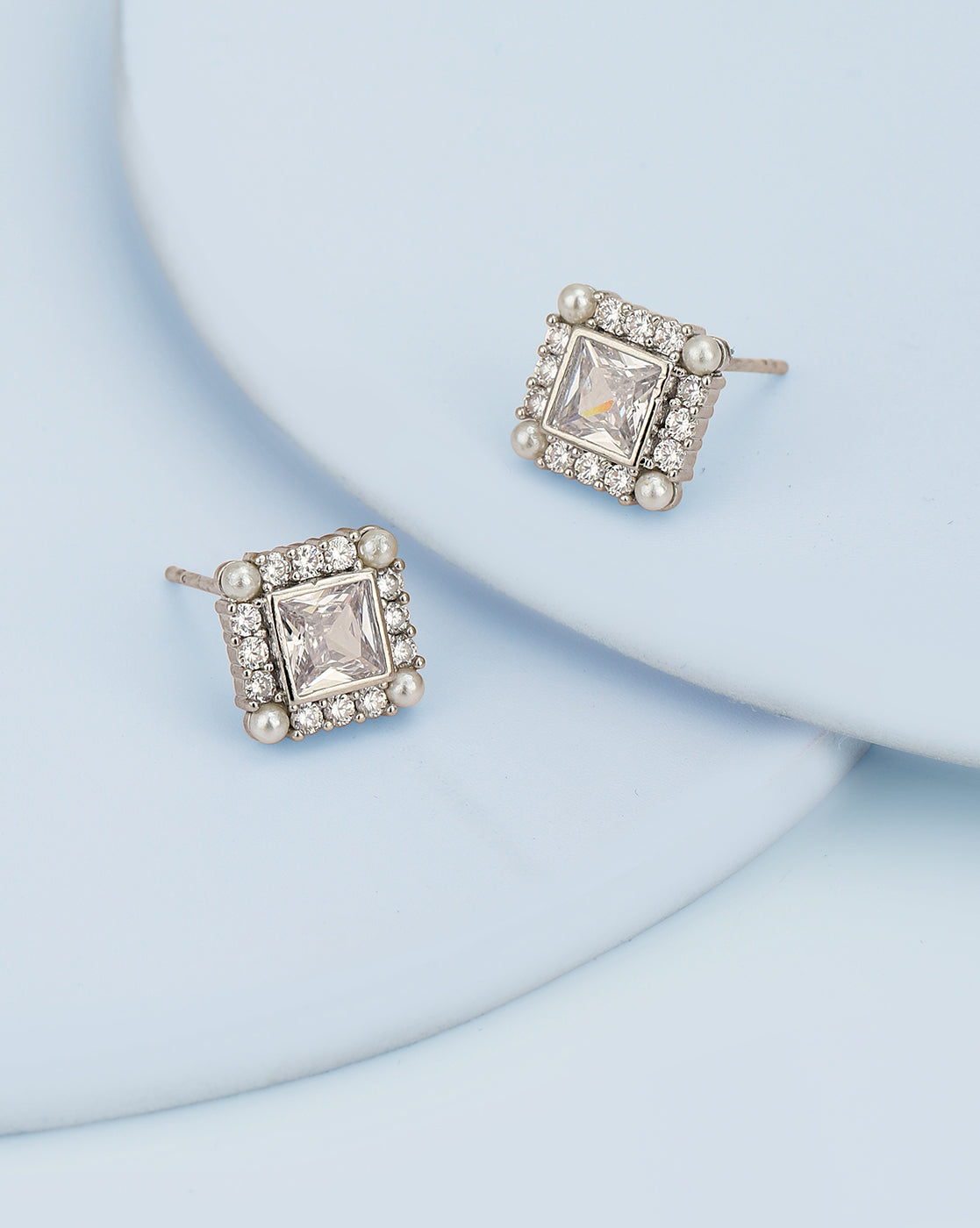 Silver Plated CZ & Pearl Square Stud Earring for women