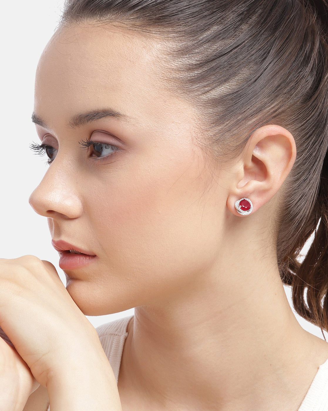 Rhodium Plated with CZ Contemporary Stud Earring for women